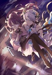 Rule 34 | 1boy, 1girl, black footwear, black necktie, blue eyes, carrying, chinese commentary, closed mouth, collarbone, couple, diabolic kevin (honkai impact), glasses, hair ornament, hand on another&#039;s shoulder, hetero, highres, honkai (series), honkai impact 3rd, horns, kevin kaslana, lab coat, mei (honkai impact), necktie, pointy ears, princess carry, purple eyes, purple hair, round eyewear, single wing, smile, standing, star (symbol), star hair ornament, white hair, wings, yuuz123