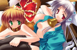 Rule 34 | 2girls, animal ears, aoi yuuji, bed, bell, black panties, black thighhighs, breasts, cat ears, cat tail, collar, dog ears, dog tail, green eyes, lace, lace-trimmed legwear, lace trim, long hair, medium breasts, multiple girls, neck bell, no bra, open clothes, open shirt, orange hair, panties, pochiko (puni puni handmaid), puni puni handmaid, red eyes, shirt, silver hair, small breasts, source request, tail, thighhighs, underwear, yui (puni puni handmaid)