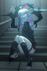 Rule 34 | 1girl, ahoge, arms up, belt, black belt, breasts, briar (league of legends), chromatic aberration, colored sclera, colored skin, commentary, detached sleeves, feet, fingernails, full body, glowing, glowing eyes, gradient hair, grey hair, grey skin, hair between eyes, highres, knees, knees up, league of legends, legs, long hair, looking at viewer, medium breasts, multicolored hair, no pupils, no shoes, obscure chou117, on stairs, open mouth, pink hair, pink sclera, pointy ears, sharp fingernails, sharp teeth, sidelocks, sitting, sitting on stairs, soles, solo, spread toes, stairs, teeth, thighs, toeless legwear, toenails, toes, two-tone hair, vampire, white eyes, wrist cuffs