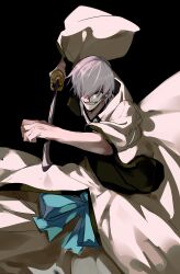 Rule 34 | 1boy, absurdres, black background, bleach, blue sash, evil grin, evil smile, fighting stance, grin, hair over one eye, hakama, highres, holding, holding sword, holding weapon, ichimaru gin, incoming attack, jacket, japanese clothes, looking at viewer, male focus, obi, one eye closed, one eye covered, pants, sash, shinigami, shirt, smile, solo, sword, weapon, white hair, white hakama, white jacket, white pants, white shirt, wide sleeves, xi luo an ya, zanpakutou
