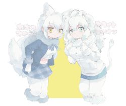 Rule 34 | 2girls, :o, animal ear fluff, animal ears, arctic wolf (kemono friends), arm at side, artist logo, blazer, blue bow, blue jacket, blue neckwear, blue skirt, bow, bowtie, character name, clenched hand, clenched hands, closed mouth, crop top, cropped legs, expressionless, fang, fang out, feet out of frame, from side, fur-trimmed footwear, fur-trimmed sleeves, fur collar, fur trim, gloves, gradient clothes, hair between eyes, hands up, inu (user arjr4358), jacket, kemono friends, leaning forward, lion ears, lion girl, lion tail, long hair, long sleeves, looking at viewer, looking to the side, midriff, miniskirt, multiple girls, navel, open clothes, open jacket, pantyhose, parted lips, plaid, plaid bow, plaid clothes, plaid neckwear, plaid skirt, pleated skirt, pocket, shirt, sidelocks, signature, skirt, tail, tareme, topknot, tsurime, two-tone background, very long hair, wavy hair, white background, white gloves, white hair, white jacket, white legwear, white lion (kemono friends), white shirt, wolf ears, wolf girl, wolf tail, yellow background, yellow eyes
