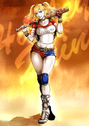 Rule 34 | 1girl, baseball bat, batman (series), blonde hair, blue eyes, blue hair, boots, breasts, colored tips, dc comics, harley quinn, high heel boots, high heels, highres, jacket, knee pads, long hair, makeup, matching hair/eyes, multicolored hair, short shorts, shorts, solo, suicide squad, twintails