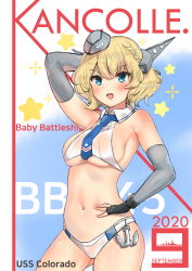 Rule 34 | 1girl, 2020, anchor, arm up, bikini, blonde hair, blue necktie, blush, braid, breasts, character name, colorado (kancolle), copyright name, elbow gloves, english text, fingerless gloves, garrison cap, gloves, grey gloves, grey hat, hand on own hip, hat, headgear, highres, kantai collection, large breasts, necktie, open mouth, osananajimi neko, see-through, short hair, simple background, solo, star (symbol), swimsuit, white bikini