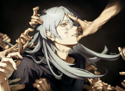 Rule 34 | 1boy, air (ai r ), black background, black shirt, blue eyes, fingernails, floating hair, gradient background, grey eyes, grey hair, hair between eyes, heterochromia, highres, jujutsu kaisen, long hair, looking up, mahito (jujutsu kaisen), male focus, multiple hands, parted bangs, shirt, sidelocks, signature, solo, stitched face, stitched hand, stitched neck, stitches, striped clothes, striped shirt, upper body