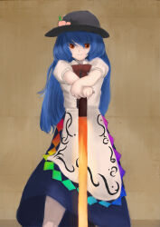 Rule 34 | 1girl, absurdres, black hat, bowler hat, brown background, food, fruit, fruit hat ornament, hat, highres, hinanawi tenshi, looking at viewer, peach, planted, planted sword, planted weapon, shinkopeishon, solo, sword, sword of hisou, touhou, weapon