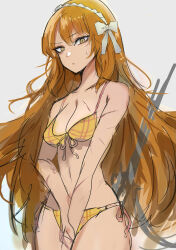 Rule 34 | 1girl, absurdres, alternate costume, bad anatomy, bikini, bow, breasts, chuhaibane, cleavage, closed mouth, collarbone, green eyes, hair bow, hairband, highres, ishmael (project moon), limbus company, long hair, looking at viewer, medium breasts, orange bikini, orange hair, project moon, scar, scar on arm, scar on breasts, solo, swimsuit, very long hair, white bow, white hairband