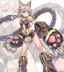 Rule 34 | 10s, 1girl, animal ears, animal hands, bare shoulders, blush, breasts, cat ears, cat paws, claw (weapon), closed mouth, clothing cutout, collar, collarbone, erune, eyebrows, gloves, granblue fantasy, grey hair, grey skirt, hair between eyes, highres, long hair, medium breasts, microskirt, minowa sukyaru, navel cutout, paw gloves, red eyes, sen (granblue fantasy), skirt, solo, weapon