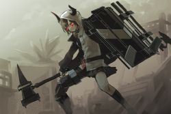 Rule 34 | 1girl, arknights, brown hair, buttons, choker, commentary request, hammer, highres, holding, holding weapon, hood, hood up, hoodie, horns, kensei (v2), originium (arknights), prosthesis, prosthetic leg, red eyes, shield, shirt, skirt, solo, vulcan (arknights), weapon, white shirt