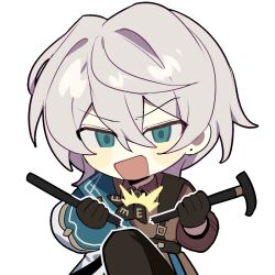 Rule 34 | 1boy, black gloves, brown jacket, cane, earrings, gloves, green eyes, highres, holding, holding cane, honkai (series), honkai impact 3rd, jacket, jewelry, long sleeves, looking at viewer, lyle collodi (honkai impact), multicolored clothes, multicolored jacket, official art, open mouth, short hair, solo, transparent background, upper body, white jacket