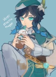 Rule 34 | 1boy, 2hands1cup, aqua eyes, bard, beret, blue background, braid, brand name imitation, cape, capelet, coffee, cup, disposable cup, drink, drinking, drinking straw, english text, flower, frappuccino, genshin impact, gradient hair, green cape, hair over shoulder, hat, hat feather, hat flower, highres, holding, holding cup, logo parody, long sleeves, looking at viewer, male focus, multicolored hair, pantyhose, sitting, solo, starbucks, twin braids, venti (genshin impact), xo wawawa
