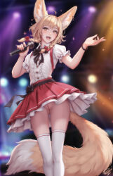 Rule 34 | + +, 1girl, :d, animal ears, black bow, black bowtie, black bracelet, bow, bowtie, braid, cleft of venus, feet out of frame, fox ears, fox girl, fox tail, hair bow, hands up, highres, holding, holding microphone, idol clothes, khiara (personal ami), looking at viewer, medium hair, microphone, no panties, open mouth, original, paid reward available, personal ami, pussy, red bow, red skirt, shirt, short sleeves, signature, skirt, smile, solo, stage lights, tail, teeth, thighhighs, twin braids, uncensored, upper teeth only, upskirt, white shirt, white thighhighs, yellow eyes