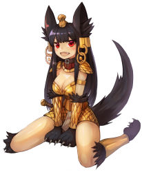 Rule 34 | 1girl, :d, alternate costume, animal ears, animal hands, anubis (monster girl encyclopedia), armor, belt collar, blush, breasts, claws, cleavage, collar, duplicate, earrings, fang, full body, hair ornament, highres, jewelry, looking at viewer, medium breasts, monster girl, monster girl encyclopedia, open mouth, pauldrons, red eyes, scale armor, shoulder armor, simple background, sitting, smile, snake hair ornament, solo, sookmo, tail, tail raised, wariza, white background, wolf ears, wolf tail