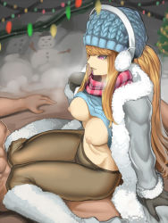 Rule 34 | 1boy, 1girl, alternate costume, alternate hair color, alternate hairstyle, beanie, blonde hair, breasts, breasts out, clothed female nude male, clothes lift, cowgirl position, dark nipples, earmuffs, girl on top, hat, hetero, highres, knees together feet apart, kumiko shiba, league of legends, long hair, mittens, nipples, no bra, nude, open clothes, outdoors, pants, pantyhose, purple eyes, scarf, shirt, shirt lift, sidelocks, sitting, snow day syndra, straddling, sweater, sweater lift, syndra, winter clothes, yoga pants