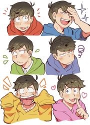 Rule 34 | 10s, 6+boys, :&lt;, :p, bad id, bad twitter id, brothers, brown hair, flying sweatdrops, heart, hood, hoodie, index finger raised, male focus, matsuno choromatsu, matsuno ichimatsu, matsuno jyushimatsu, matsuno karamatsu, matsuno osomatsu, matsuno todomatsu, messy hair, multiple boys, osomatsu-kun, osomatsu-san, osomatsu (series), sanjiro (tenshin anman), sextuplets, siblings, sleeves past wrists, smile, sparkle, squiggle, tongue, tongue out, upper body, wall-eyed