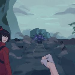 Rule 34 | 1boy, 1girl, :o, black hair, clenched hand, consul (xenoblade), dust cloud, fikkyun, fingerless gloves, gloves, highres, jacket, mio (xenoblade), monster, noah (xenoblade), photo-referenced, pov, pov hands, punched, red jacket, rock, xenoblade chronicles (series), xenoblade chronicles 3