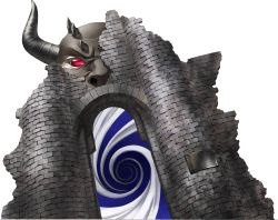 Rule 34 | castle, colored skin, demon, english text, full body, gate, grey skin, highres, horns, kazuma kaneko, official art, orcus (megami tensei), red eyes, shin megami tensei, shin megami tensei: strange journey, sign, solid eyes, solo, transparent background, vortex