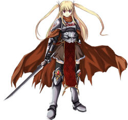 Rule 34 | 1girl, armor, armored dress, blonde hair, brown dress, cape, dress, long hair, lowres, nekonote (nekono paraiso), original, red eyes, simple background, solo, sword, tabard, twintails, two side up, weapon