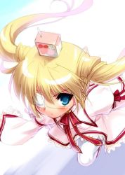 Rule 34 | 10s, 1girl, blonde hair, blue eyes, bow, dress, eyepatch, floating hair, from above, image sample, juice box, lace, long hair, long sleeves, nakatsu shizuru, object on head, on head, package, pantyhose, pink dress, red bow, red ribbon, rewrite, ribbon, running, school uniform, solo, twintails, upper body, white pantyhose, zen