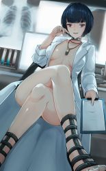 Rule 34 | 1girl, black hair, breasts, brown eyes, choker, clipboard, collarbone, commission, crossed legs, feet, highres, jewelry, lab coat, lab coat, looking at viewer, medium breasts, naked labcoat, necklace, nonoririn, open mouth, persona, persona 5, red eyes, sandals, short hair, sitting, solo, takemi tae, test tube, toes, x-ray