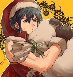 Rule 34 | 1boy, blue eyes, blue hair, carrying, chrom (fire emblem), chrom (winter) (fire emblem), fire emblem, fire emblem awakening, fire emblem heroes, gift bag, gloves, hat, highres, looking at viewer, male focus, nintendo, santa hat, solo, spiked hair