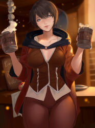 Rule 34 | 1girl, beer mug, blue eyes, blurry, blurry background, breasts, brown hair, closed mouth, cowboy shot, cup, hair between eyes, highres, holy meh, jacket, large breasts, lips, mug, navel, open clothes, open jacket, original, pants, short hair, solo, tight clothes, tight pants