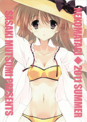Rule 34 | 10s, 1girl, 2011, bikini, breasts, brown eyes, brown hair, cleavage, cover, cover page, dress shirt, hat, highres, sasaki mutsumi, shirt, small breasts, swimsuit