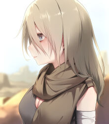 Rule 34 | 1girl, bags under eyes, blue eyes, blurry, blurry background, breasts, cleavage, closed mouth, day, desert, female focus, from side, grey hair, hair between eyes, highres, jitome, large breasts, long bangs, long hair, medium breasts, noah gaa, original, outdoors, profile, scarf, solo