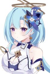 Rule 34 | 1girl, aged up, bare shoulders, blue hair, blush, breasts, cleavage, cleavage cutout, closed mouth, clothing cutout, commentary request, crescent, crescent earrings, cropped torso, dress, earrings, griseo, griseo (cosmic expression), hair ornament, halo, highres, honkai (series), honkai impact 3rd, jewelry, large breasts, long hair, purple eyes, simple background, sleeveless, sleeveless dress, solo, tdatnst, upper body, white background, white dress