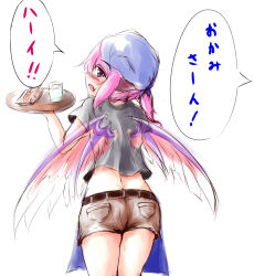 Rule 34 | 1girl, alternate hairstyle, animal ears, apron, ass, ayatori (aytr), belt, blush, casual, contemporary, female focus, from behind, glass, head scarf, looking back, midriff, mystia lorelei, okamisty, pink hair, purple eyes, shirt, short hair, short shorts, shorts, simple background, skewer, solo, touhou, tray, twintails, white background, wings