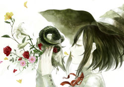 Rule 34 | androgynous, black hair, blue eyes, cuffs, flower, gender request, hat, holding, horns, kunimura hakushi, lily (flower), nail polish, original, pale skin, parted lips, petals, portrait, profile, red flower, red rose, ribbon, rose, short hair, simple background, skull, sleeve cuffs, solo, white background, witch hat