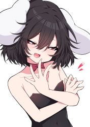 Rule 34 | absurdres, animal ears, bare shoulders, black choker, black hair, black leotard, blush, bow, bowtie, bright pupils, choker, commentary request, covered navel, fang, hair between eyes, heart, highres, inaba tewi, leotard, looking at viewer, open mouth, playboy bunny, rabbit ears, rabbit girl, red bow, red bowtie, red eyes, short hair, simple background, skin fang, smile, solo, touhou, tsukimirin, upper body, white background, white pupils