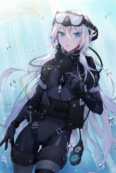 Rule 34 | 1girl, ammunition, ammunition belt, an-94 (girls&#039; frontline), an-94 (the diving bell and the doll) (girls&#039; frontline), blonde hair, blue eyes, bodysuit, bubble, cowboy shot, day, diving, diving mask, diving mask on head, diving mask removed, diving regulator, diving suit, female focus, girls&#039; frontline, goggles, goggles on head, hair between eyes, hair ornament, highres, long hair, looking at viewer, mask, unworn mask, official alternate costume, open mouth, outdoors, parted lips, qb 516, solo, tagme, underwater, very long hair, wetsuit