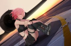 Rule 34 | 1girl, absurdres, aircraft, airplane, ass, black skirt, black thighhighs, board game, commentary request, fate/grand order, fate (series), fujimaru ritsuka (female), go (board game), highres, panties, pink hair, purple eyes, shoes, short hair, sitting, skirt, sky, solo, sun, thighhighs, underwear, xufeeg