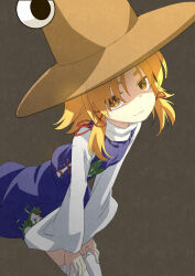 Rule 34 | 1girl, :3, animal print, blonde hair, blue skirt, blue vest, bright pupils, brown hat, commentary, cowboy shot, cross-laced vest, frog print, grey background, hair ribbon, hands on own thighs, hat, highres, leaning forward, long sleeves, looking at viewer, moriya suwako, mukai, red ribbon, ribbon, short hair, sidelocks, skirt, skirt set, solo, standing, thighhighs, touhou, turtleneck, vest, white thighhighs, wide sleeves, yellow eyes