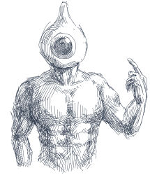 Rule 34 | 1boy, highres, male focus, manly, monochrome, muscular, scp-131, scp foundation, seneo, topless male, sketch, solo, upper body, white background