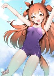 Rule 34 | 1girl, :d, animal ears, armpits, arms up, artist name, bare arms, black ribbon, blue one-piece swimsuit, blue school swimsuit, blue sky, blush, breasts, brown eyes, brown hair, clothing cutout, cloud, collarbone, commentary, covered navel, day, english commentary, hair between eyes, heart, highres, horse ears, horse girl, horse tail, long hair, looking at viewer, mayano top gun (umamusume), nontraditional school swimsuit, one-piece swimsuit, open mouth, outdoors, ribbon, school swimsuit, sidelocks, sky, small breasts, smile, solo, swimsuit, tail, tail through clothes, teriibol, tracen swimsuit, two side up, umamusume, very long hair, wet