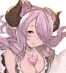 Rule 34 | 10s, 1girl, between breasts, bikini, blue eyes, breasts, cleavage, draph, drinking straw, granblue fantasy, hair over one eye, hanarito, horns, large breasts, lowres, narmaya (granblue fantasy), narmaya (summer) (granblue fantasy), out of frame, pink hair, pointy ears, solo focus, swimsuit, white bikini