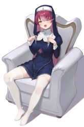 Rule 34 | 1girl, absurdres, armchair, blue dress, breasts, chair, clothing cutout, commentary, crossed bangs, cutout above navel, dress, eyes visible through hair, fang, full body, garter straps, habit, hair between eyes, heterochromia, highres, hololive, houshou marine, houshou marine (nun), large breasts, legs, light blush, long hair, long sleeves, looking at viewer, multicolored hair, no shoes, nun, open mouth, red eyes, red hair, simple background, sitting, skin fang, smile, solo, stoner08, streaked hair, thighhighs, underboob cutout, virtual youtuber, white background, white garter straps, white hair, white thighhighs, yellow eyes