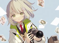 Rule 34 | 1girl, angelina (arknights), arknights, awa iro, brown hair, brown vest, camera, collared shirt, dslr, dutch angle, exusiai (arknights), eyjafjalla (arknights), green eyes, hair ornament, holding, holding camera, jacket, lens (arknights), looking at viewer, magallan (arknights), necktie, open clothes, open jacket, photo (object), polaroid, red necktie, scene (arknights), shirt, short hair, solo, star (symbol), star hair ornament, tomimi (arknights), upper body, vest, white jacket, white shirt