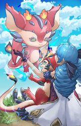 Rule 34 | 1girl, absurdres, ahoge, black bow, blue sky, bow, character doll, cloud, dragon, dragon tail, dress, drill hair, fire, green hair, grey dress, gwen (league of legends), hair bow, highres, league of legends, on lap, outdoors, rayn87250715, sitting, sky, smolder (league of legends), stuffed animal, stuffed dragon, stuffed toy, tail, twin drills, twintails