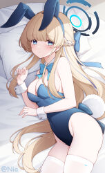 Rule 34 | 1girl, absurdres, animal ears, aqua bow, aqua bowtie, bare arms, bare shoulders, blonde hair, blue archive, blue eyes, blue hairband, blue leotard, blush, bow, bowtie, breasts, detached collar, fake animal ears, fake tail, hair ornament, hairband, halo, highres, large breasts, leotard, long hair, looking at viewer, lying, on side, pillow, playboy bunny, poinia, rabbit ears, rabbit tail, solo, tail, thighhighs, thighs, toki (blue archive), toki (bunny) (blue archive), twitter username, white thighhighs, wrist cuffs