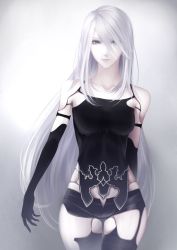 Rule 34 | 1girl, android, armlet, black gloves, black shorts, commentary, elbow gloves, facing viewer, gloves, grey eyes, joints, komatsuna na, long hair, nier (series), nier:automata, pale skin, pink lips, robot joints, short shorts, shorts, silver hair, solo, tank top, very long hair, a2 (nier:automata)