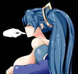 Rule 34 | 1girl, bad id, bad pixiv id, bare shoulders, black background, blue hair, breasts, closed eyes, female focus, finger in own mouth, grabber tool, large breasts, league of legends, padark, simple background, solo, sona (league of legends), twintails