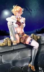 Rule 34 | 1girl, blonde hair, blush, breasts, can, detached sleeves, fingerless gloves, full moon, gloves, highres, large breasts, midriff, moon, navel, necktie, shardine, short hair, short shorts, shorts, skindentation, smile, solo, star (symbol), tennessee (warship girls r), thighhighs, tree, open belt, unbuttoned, warship girls r, water