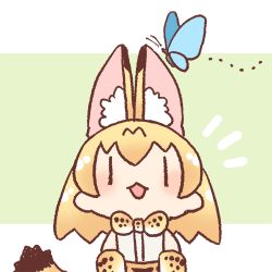 Rule 34 | 1girl, :3, ^^^, animal ear fluff, animal ears, animal print, bad id, bad twitter id, bare shoulders, blue butterfly, bow, bowtie, bug, butterfly, chibi, elbow gloves, extra ears, gloves, green background, insect, inukoro (spa), kemono friends, looking up, lowres, motion lines, no nose, open mouth, orange hair, print bow, print bowtie, print gloves, print neckwear, serval (kemono friends), serval print, short hair, smile, solo, tail, two-tone background, upper body, | |