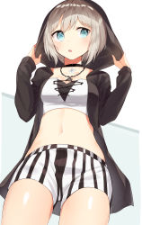 Rule 34 | 1girl, absurdres, black choker, black jacket, blue background, blue eyes, blush, breasts, choker, copyright request, crop top, hand on headwear, hands up, highres, hood, hood up, hooded jacket, jacket, jewelry, kura ekaki, light brown hair, long sleeves, looking at viewer, midriff, navel, necklace, open clothes, open jacket, parted lips, short hair, short shorts, shorts, sleeves past wrists, small breasts, solo, striped clothes, striped shorts, two-tone background, white background