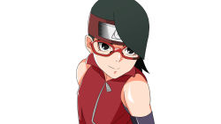 Rule 34 | 1girl, bare shoulders, black eyes, black hair, boruto: naruto next generations, breasts, closed mouth, eyebrows, female focus, forehead protector, glasses, hiropon (hjxp2347), looking at viewer, naruto (series), no pupils, red-framed eyewear, shiny skin, short hair, simple background, sleeveless, smile, solo, swept bangs, uchiha sarada, upper body, white background, wing collar, zipper pull tab