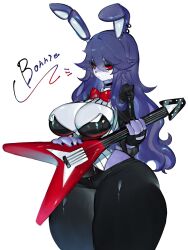 Rule 34 | bonnie (fnaf), bow, bowtie, breasts, cleavage, ear piercing, electric guitar, eyeshadow, five nights at freddy&#039;s, guitar, highres, instrument, large breasts, long hair, looking at viewer, makeup, piercing, purple fur, purple hair, rabbit ears, rabbit girl, red eyes, robot, serious, sideboob, thick thighs, thighs, togetoge, wide hips