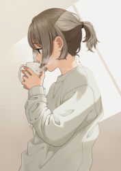 Rule 34 | 1girl, artist name, brown hair, cup, drinking, eyebrows hidden by hair, holding, holding cup, hot drink, mattaku mousuke, mug, original, short ponytail, solo, steam, sunlight, sweater, upper body, watermark