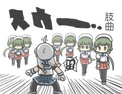 Rule 34 | 6+girls, ahoge, black pantyhose, blue hair, blue sailor collar, blue skirt, commentary request, ferret-san, gloves, green hair, hat, kantai collection, layered sleeves, long hair, long sleeves, low ponytail, multiple girls, multiple persona, noumi (kancolle), pantyhose, pleated skirt, red skirt, sado (kancolle), sailor collar, sailor hat, sailor shirt, shirt, short over long sleeves, short sleeves, skirt, sleeveless, sleeveless shirt, speed lines, translation request, white gloves, white headwear